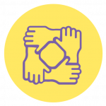 wcoding yellow icon with four hands grabbing one another to form a square to show teamwork